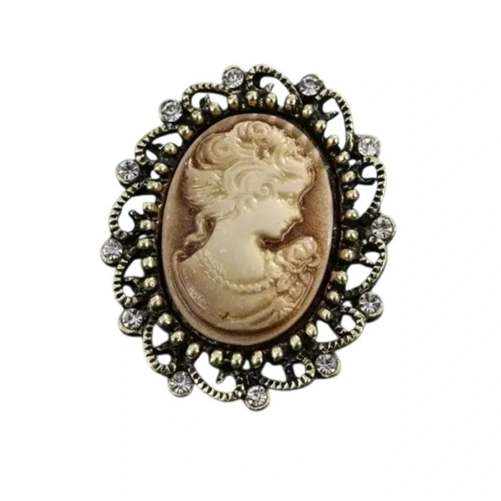 Vintage Style Cameo Brooch Pin Antique Brown Gold Tone Rhinestone Lady Profile